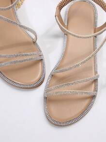 Flat Roman Sandals For Women With Elastic Band And Metal Rhinestone Strap Valentines - Beige - View 6