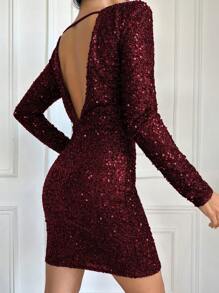 EURMUSE Của phụ nữ Thon gọn Không lưng Kim sa Đầm - Đỏ - Xem 2