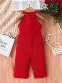 嬰兒女孩無袖露背連體褲,蝴蝶結裝飾 - 紅色 - 查看 2