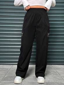 SHEIN EZwear 女款多拉鍊收褶高腰褲 - 黑色 - 查看 4