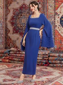 Modelyn Women'S Arabian Style Dress With Cape Sleeves, Belted Waist And Woven Stripe Detail Long Evening Dresses - Blue - View 5