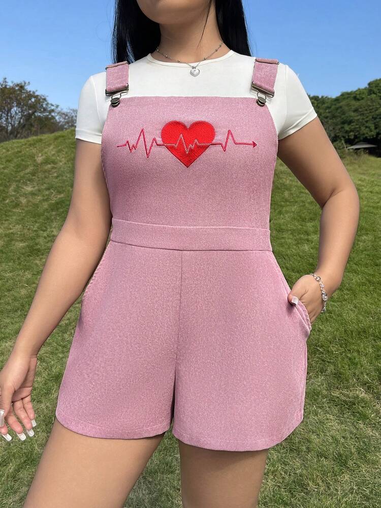 Women's Plus Size Heart Ecg Embroidery Overalls