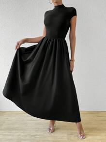 Firerie Women'S Short Sleeve Slim Fit Stand Collar Dress With Flared Hem,Sun Dress - Black - View 4