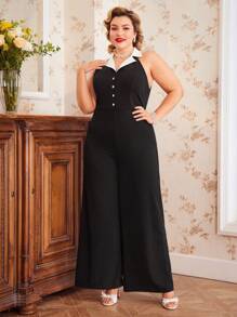 Vintamour Vintage Elegant Plus Size Women's Color Block Splice Turn Down Collar Sleeveless Jumpsuit Summer Spring Old Money Aesthetic - Black and White - View 2