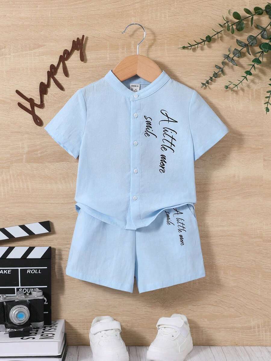 SHEIN Baby Junge Freizeit Kurzarm Polo Shirt Mit Buchstaben Druck Und Shorts Set - Graublau - Übersicht 1