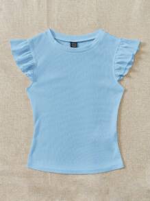 Soleia Ladies' Round Neck Knitted T-Shirt With Ruffle Sleeves - Baby Blue - View 4
