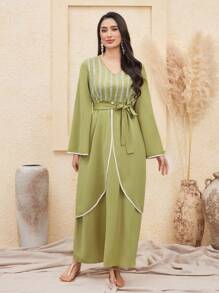 Al Najma Của phụ nữ Kim sa Trộn Màu Vá lại Với Viền Piping Váy quấn - Màu xanh Bạc hà - Xem 3