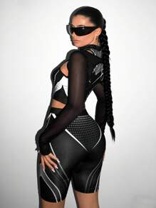 SHEIN ICON Women'S Star Patterned Mesh Hollow Out Top And Shorts Set - Black - View 2