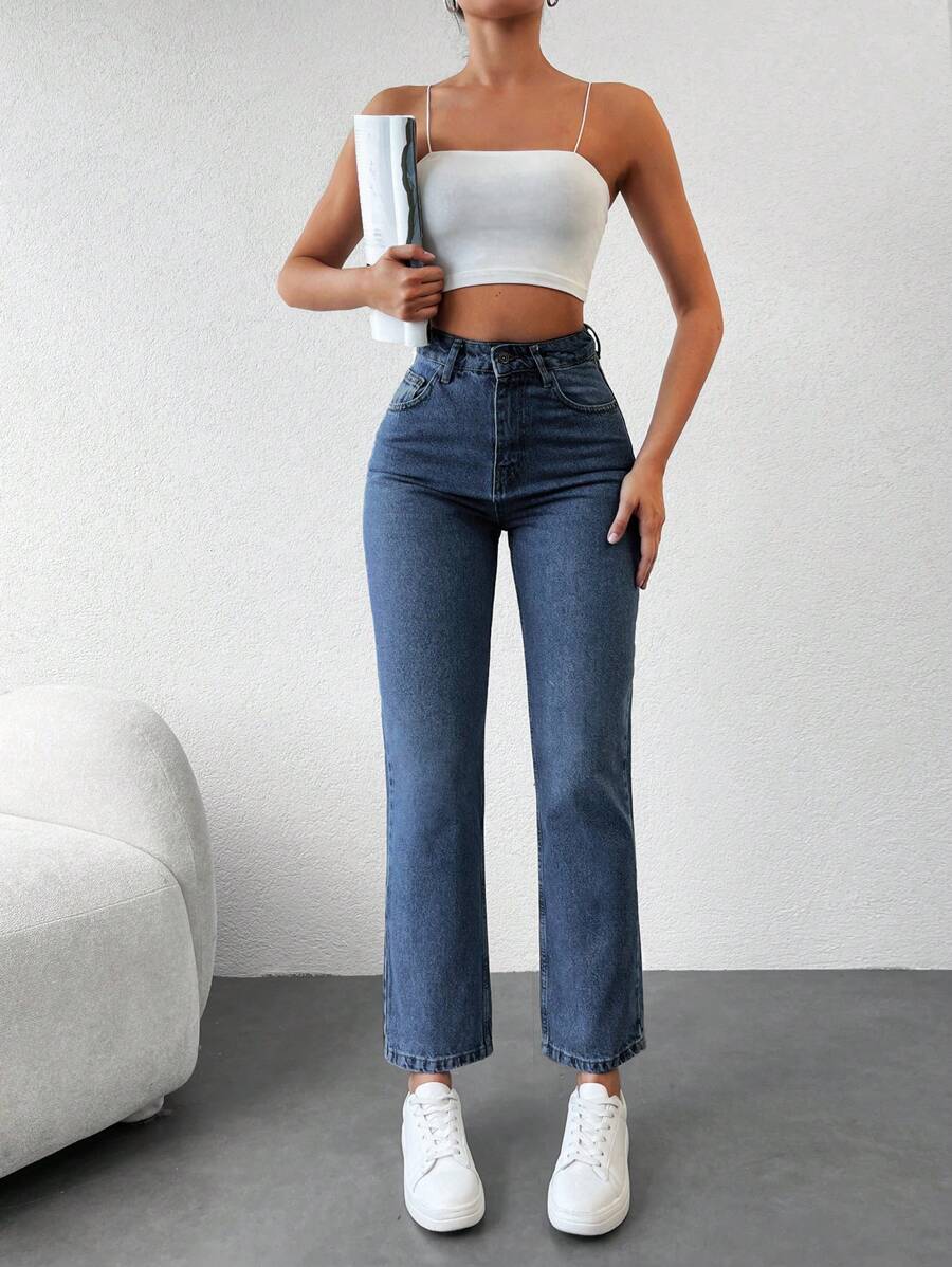 EURMUSE Straight Leg High Waisted Denim Pants - Dark Wash - View 1