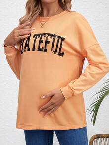 SHEIN Pregnant Women's Drop Shoulder Sweatshirt With Letter Print - Orange - View 3