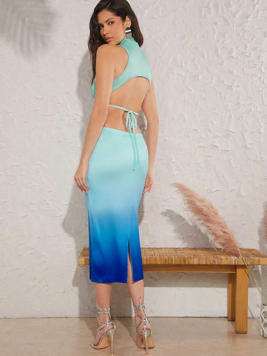 Hauture Đầm bodycon hở lưng buộc dây ombre gợi cảm thanh lịch - Nhiều màu - Xem 1