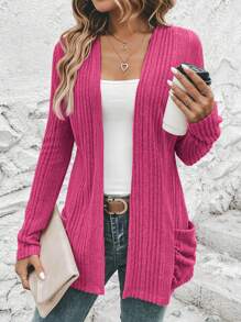 EMERY ROSE Chaqueta De Punto Acanalado De Ajuste Regular Con Doble Bolsillo En Color Sólido Informal Para Mujer
