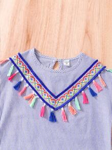 Tween Girl V-Neck Tassel Ruffled Striped Dress