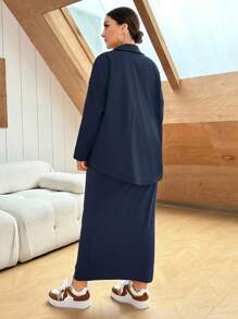 SHEIN Essnce Plus Size Women's Solid Color Shirt And Tank Dress Two Piece Set - Navy Blue - View 2