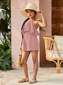 SHEIN Young Girl Casual Solid Color Halter Neck Romper - Pink - View 6