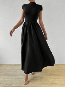 Firerie Women'S Short Sleeve Slim Fit Stand Collar Dress With Flared Hem,Sun Dress - Black - View 5