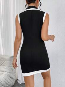 SHEIN Privé Women's Elegant Slim Fit Color Block Sleeveless Short Dress - Black and White - View 3