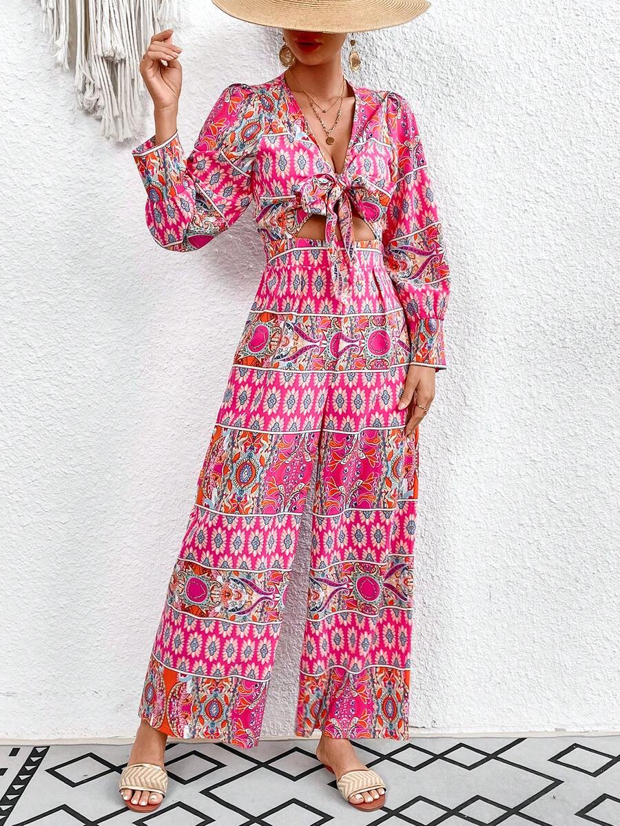 SHEIN VCAY 女款印花鏤空繫帶腰部連身褲 - 彩色 - 查看 1