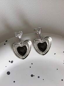 ROMWE Kawaii 1對甜蜜時尚風格黑色心形吊墜耳環 - 彩色 - 查看 1