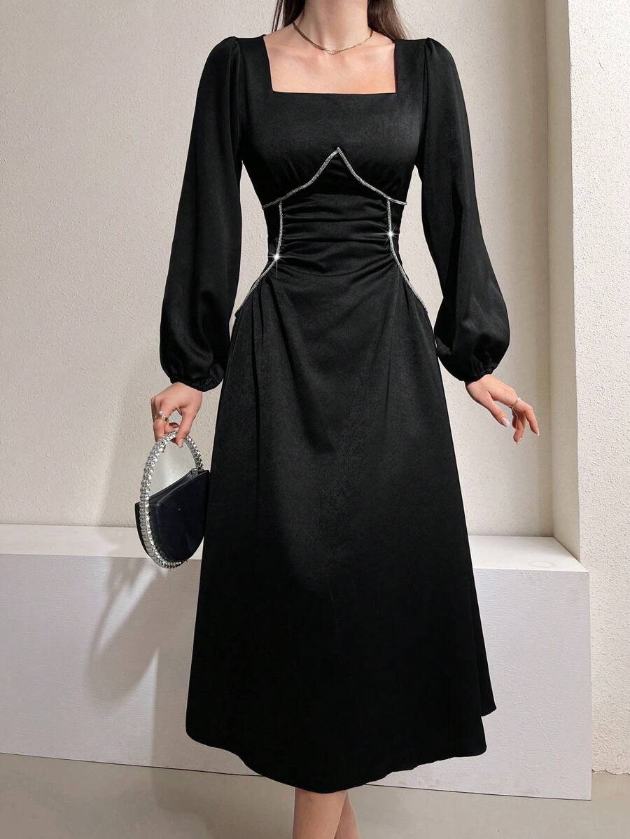 Modelyn Square Collar Lantern Sleeve Dress - Black - View 1