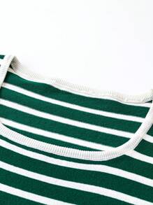 Flirla Suéter de punto de manga corta a rayas talla grande para otoño e invierno - Multicolor - Ver 5