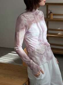 FRIFUL 女式扎染立领上衣，荷叶边透视长袖女式上衣，秋季女装高领衫