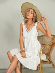 SHEIN VCAY Solid Color Hollow Out Patchwork Ruffle Trim Vacation Dress For Women, Women Cruise Outfit - White - View 5