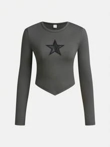 SHEIN Girlism 2 Peças/conjunto De Camiseta Teen Girls Manga Curta Com Padrão De Estrelas Em Malha Canelada E Calça Cargo Casual