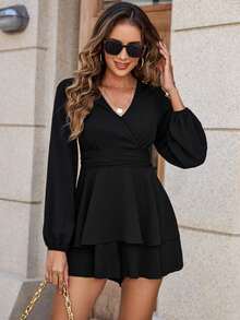 SHEIN Clasi Pig Trotter Show Layered Hem V-neck Jumpsuit - Black - View 5