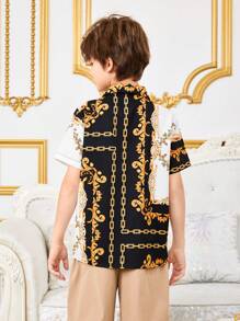 SHEIN 十幾歲男孩鬆身款休閒無領短袖平紡襯衫,有鏈條圖案 - 白色 - 查看 5