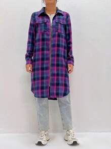 Flirla Ladies' Plaid Long Sleeve Shirt Fall Cloth For Women - Blue - View 5