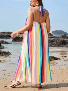 SHEIN VCAY Đầm hở lưng kẻ sọc nhiều màu cho ngày lễ bãi biển cỡ lớn dành cho nữ có dây buộc eo - Nhiều màu - Xem 2