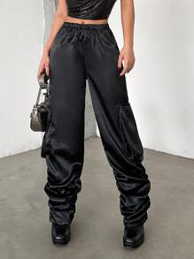 EURMUSE Women'S High Waisted Stacked Pants With Big Side Pockets - Black - View 5