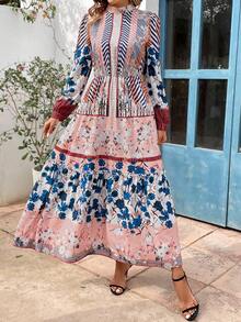 SHEIN Clasi Women's Printed Patchwork Stand Collar Swing Dress - Multicolor - View 4