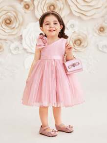 SHEIN DRMZ Baby Girl Baby Girl Elegant Mesh & Bowknot Patchwork Sleeveless Dress