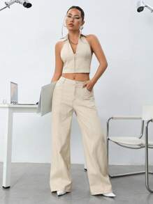 SHEIN ICON 純色無背綁頸上衣配低腰寬腿褲兩件套裝 - 卡其色 - 查看 1