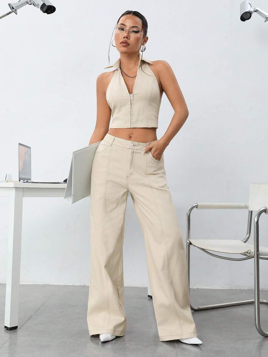 SHEIN ICON 純色無背綁頸上衣配低腰寬腿褲兩件套裝 - 卡其色 - 查看 1