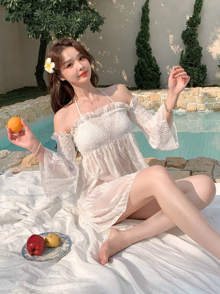 Women's Off-Shoulder Long Sleeve Shirred Cover Up Dress Summer