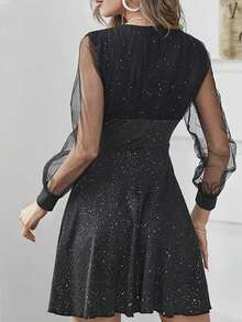 Women'S Embroidered Mesh Dress With Silver Foil Detail - Dark Grey - View 2