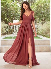 UNITHORSE Open Shoulder Short Sleeve Chiffon Bridesmaid Dress - Redwood - View 1
