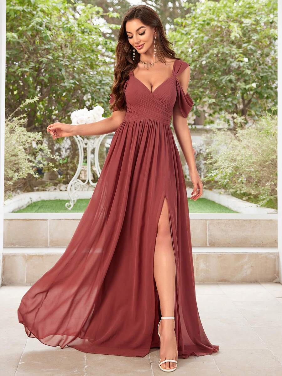 UNITHORSE Open Shoulder Short Sleeve Chiffon Bridesmaid Dress - Redwood - View 1