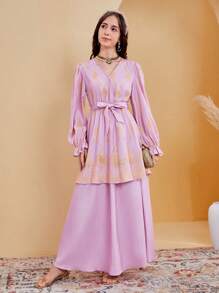 SHEIN بلوزة طبعات وأزياء تنورة A-line منسوجة بأسلوب لف الفتيات المراهقات، مجموعة من 2 قطعة - الأرجواني - مشاهدة 1