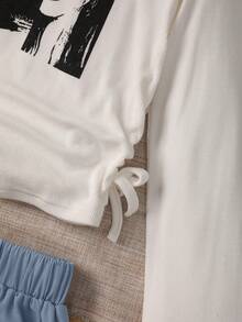 SHEIN 少女肖像印花百褶t卹和貨物長褲休閒2入組 - 霧霾藍 - 查看 5