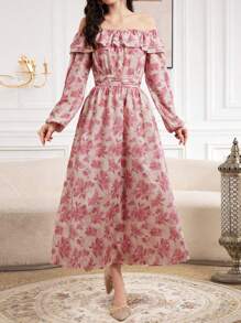 Modelyn Women'S Floral Printed Off Shoulder Ruffle Trim Decorated Shift Dress With Lantern Sleeves - Pink - View 3