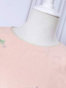 Vestido De Manga Abombada Con Corte Medio Y Bordado De Pequeñas Flores Y Malla Para Niñas Adolescentes - Rosa - Ver 4
