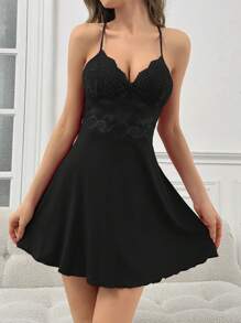 Women's Pajama Set With Pleated Sleepwear Robe And Spaghetti Strap Nightgown - Black - View 4