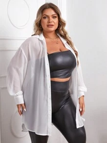 Slaydiva 大碼落肩袖前紐扣襯衫 - 白色 - 查看 4