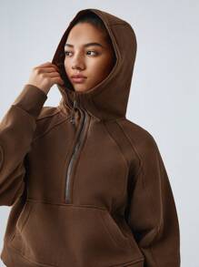 GLOWMODE COTTON-BLEND Lông cừu Thuộc thân thể Nửa Zip Túi kangaroo Hoodie Thoải mái Ấm áp - Cocoa - Xem 7