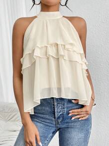 Firerie Halter Neck Ruffled Cake Chiffon Blouse - Beige - View 4