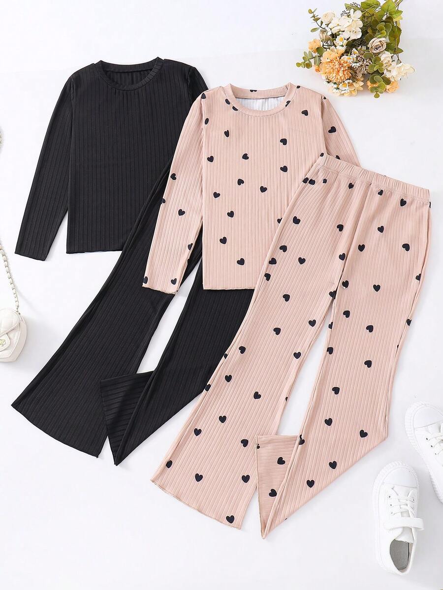 2入組適用於休閒穿著的青少女純色心形圖案長袖上衣和長褲套裝 - 彩色 - 查看 1